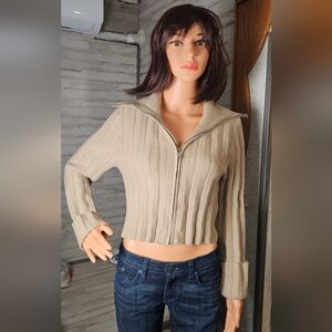 Size M - ZARA Ribbed Collared Zip Cardigan, Beige